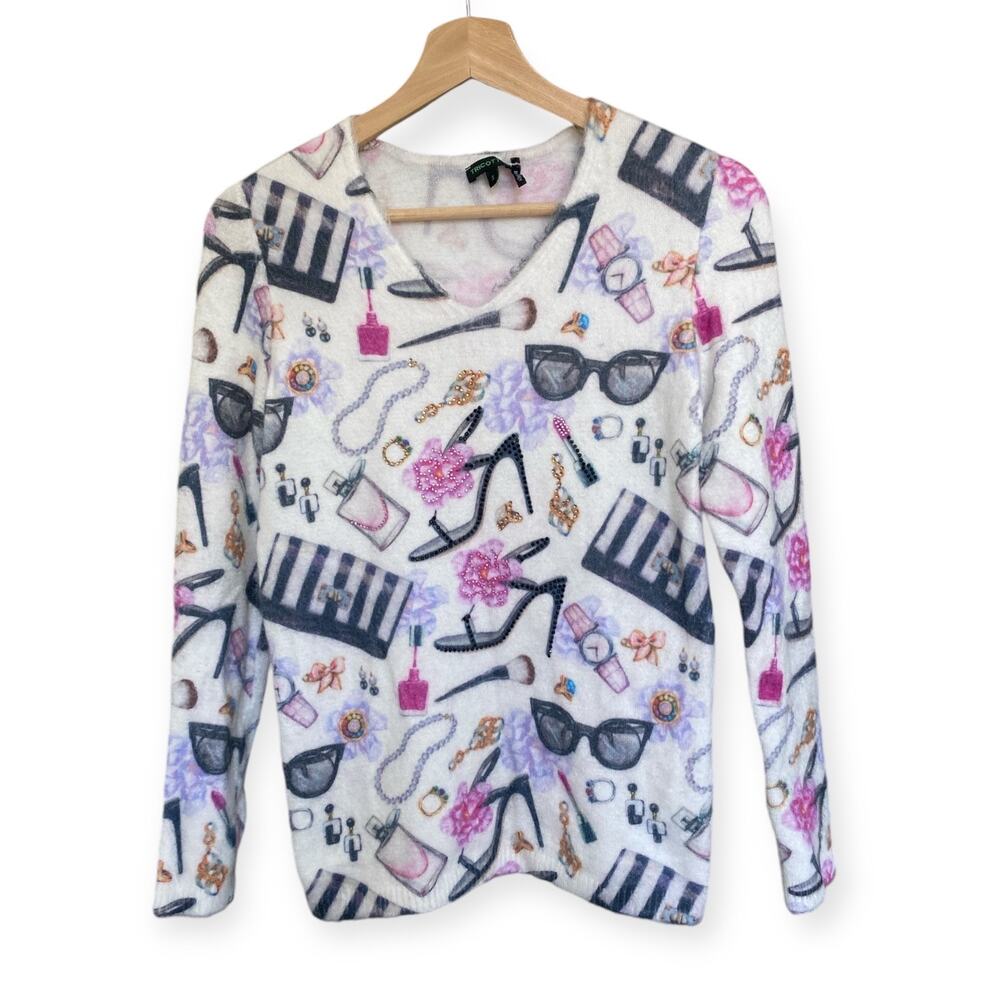 Tricotto V-Neck Sweater Lipstick Pearls Heels AOP Women's size Small Feminine